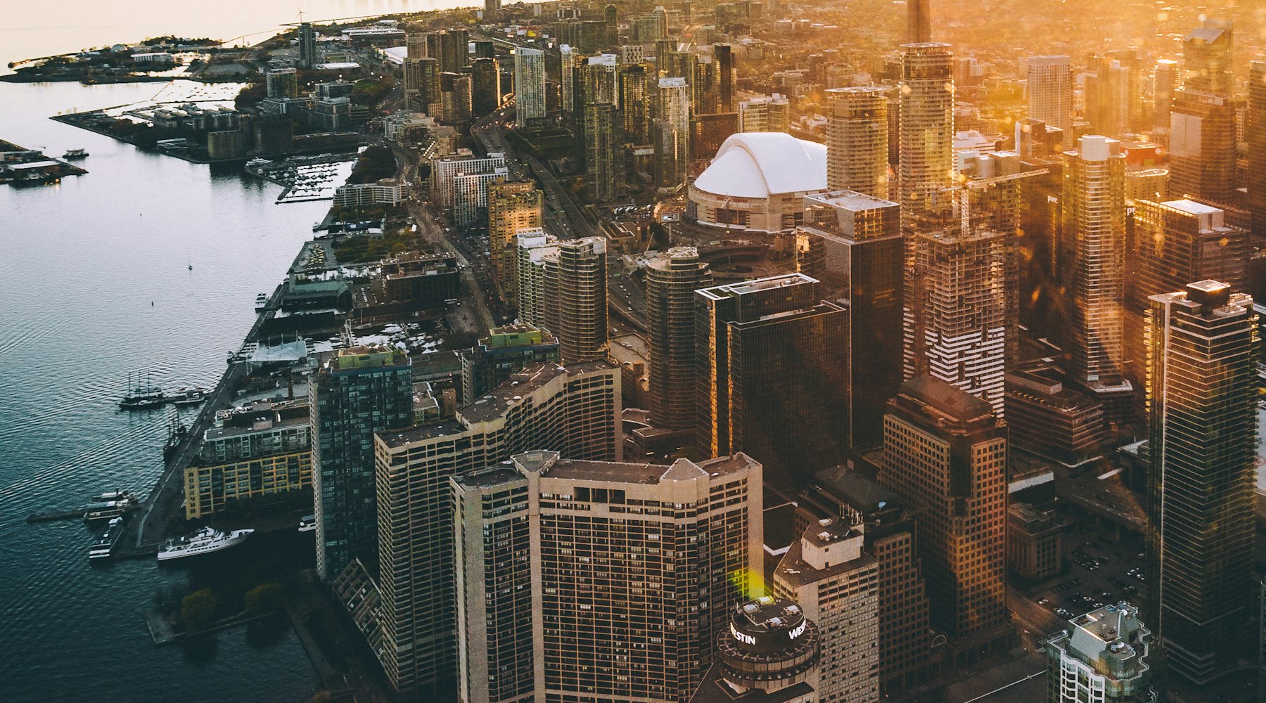 Toronto skyline at dusk, looking toward the harbour and CN Tower