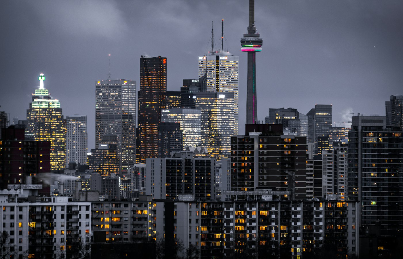 Toronto at night, city lights along the waterfront